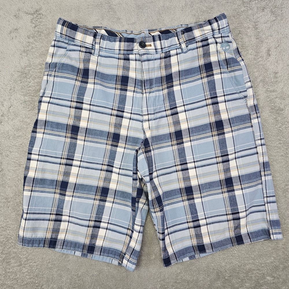 Timberland Mens Plaid Shorts Blue White Checkered Size 34 Cotton Casual Golf